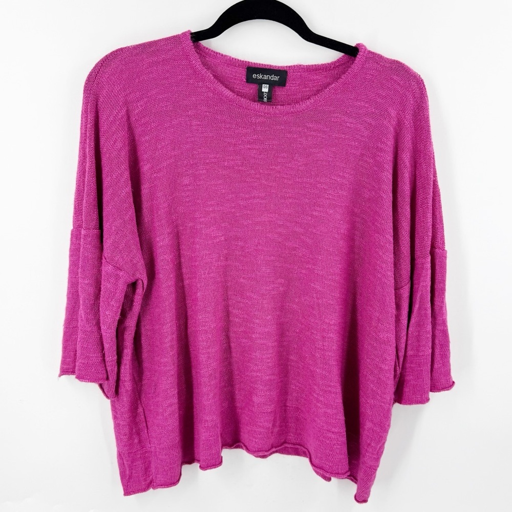 ✅ eskandar O/S WOVEN LINEN/WOOL PINK CREWNECK SWEATER/TOP 3/4 SLEEVE